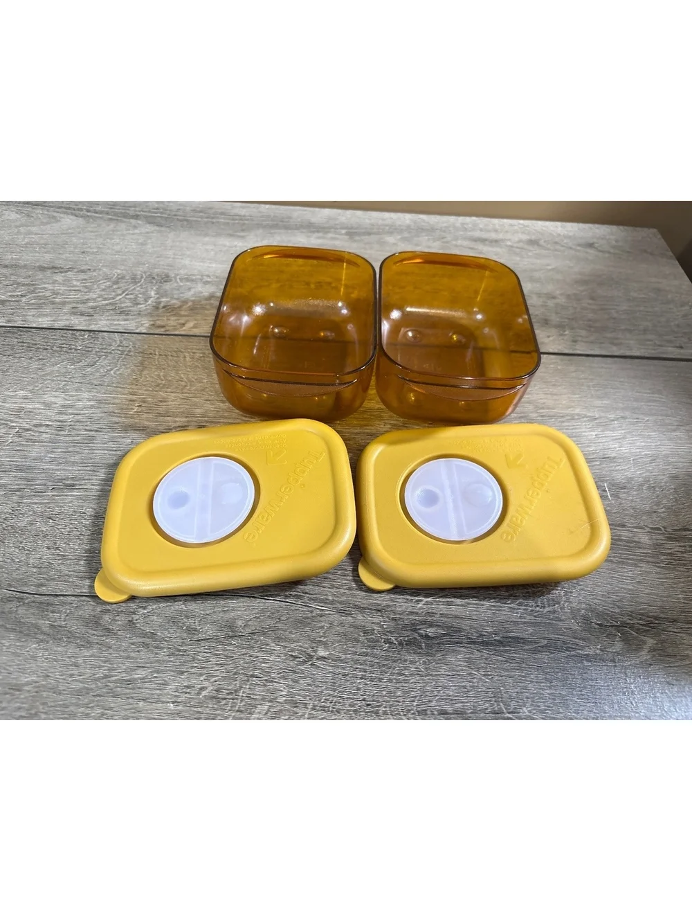 Vintage Tupperware Amber Storage Containers with Yellow Lids - Set of 2
